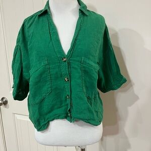 Zara Emerald Green Button-Front Short Sleeve Shirt